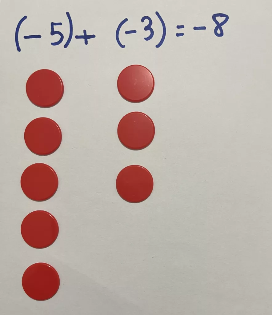 addition et soustraction des nombres relatifs: Jetons rouges représentant l’addition –5 + (–3) = –8 lors d’un atelier pédagogique sur les nombres relatifs