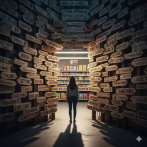 Une femme de dos face à une multitude de panneaux directionnels menant à un rayon de supermarché surchargé, illustrant le paradoxe du choix.