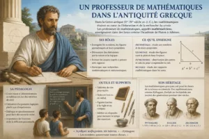 Illustration d’un professeur de mathématiques dans la Grèce antique enseignant la géométrie et le théorème de Pythagore.